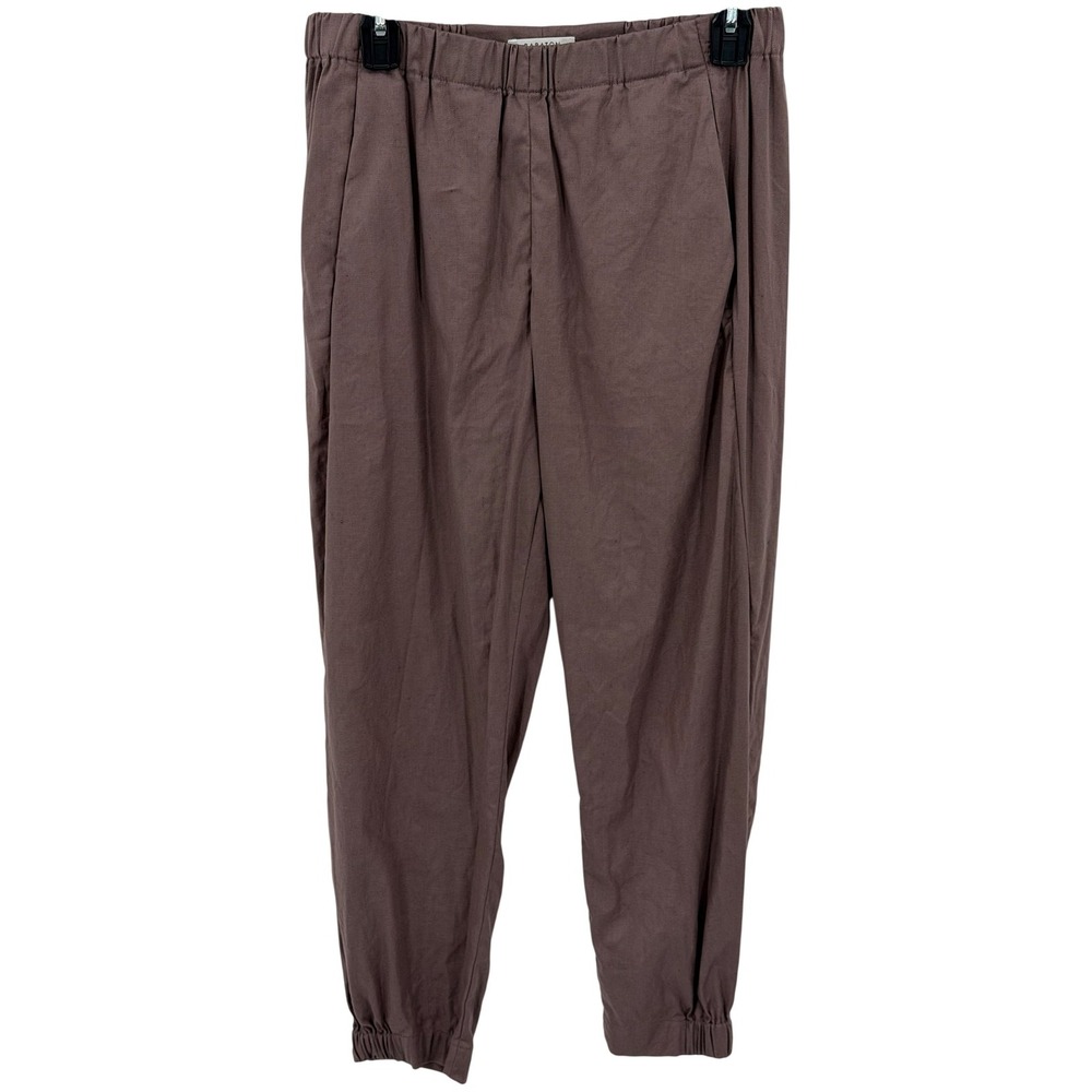 Babaton Pants Womens Medium Brown Cropped Jogger Linen High Rise Stretch Neutral
